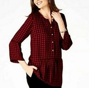 J. Jill Red Black Buffalo Check Peplum Top 3/4 Bell Sleeve Rayon Size MP